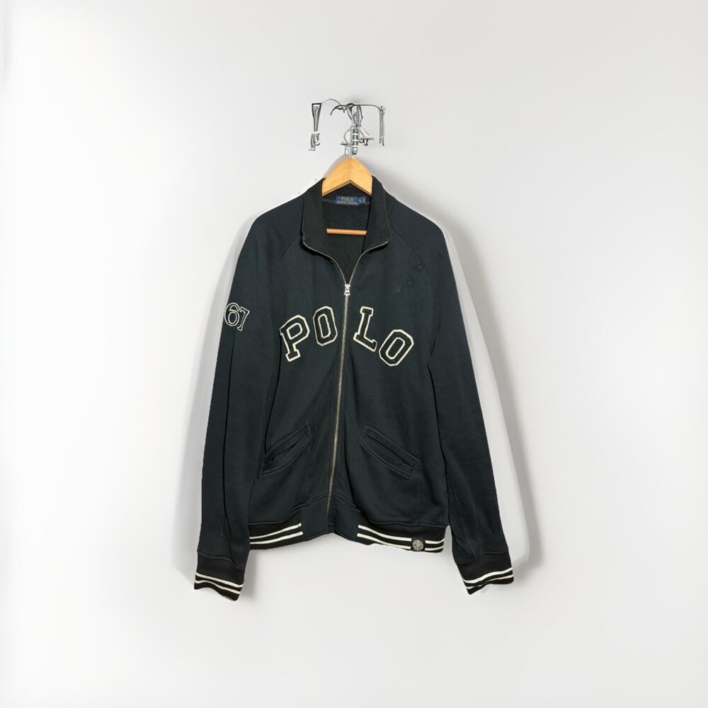 Polo Ralph Lauren Track Jacket Black XL Fleece Lined Full Zip Varsity 67